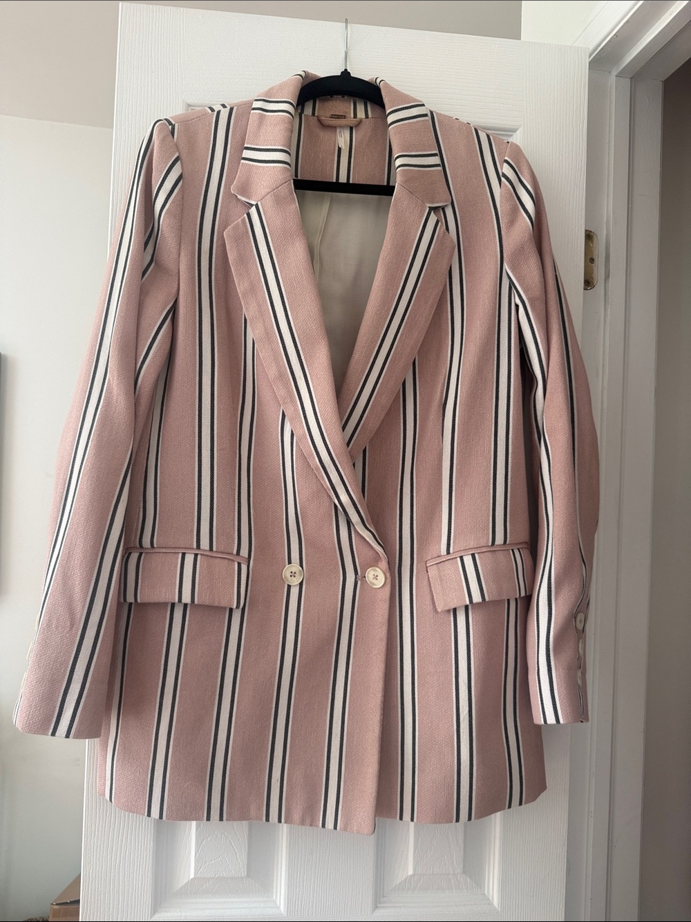 Free People Pink Striped Double-Breasted Blazer